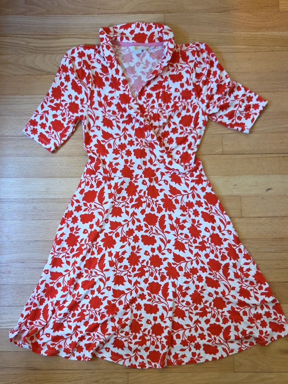 Boden Floral Wrap Jersey Dress Red/Orange/White Short Sleeve A-Line, Size 4